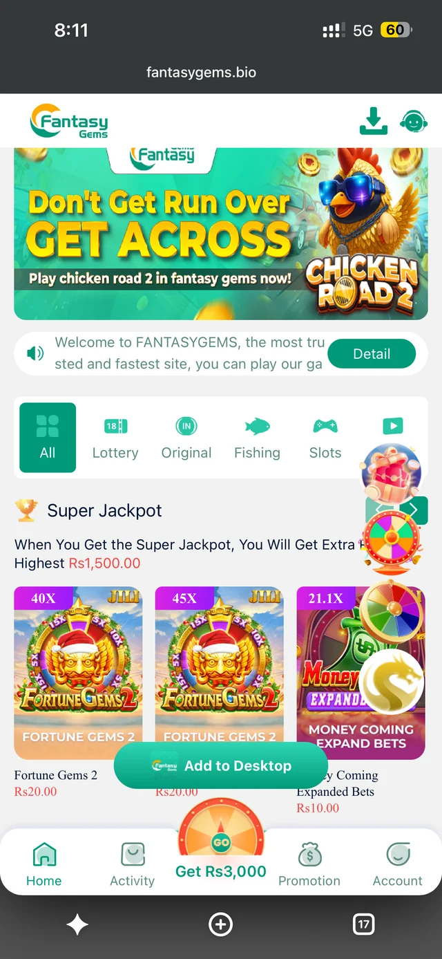 Fantasy Gems app home screen showing Aviator promotion and game categories