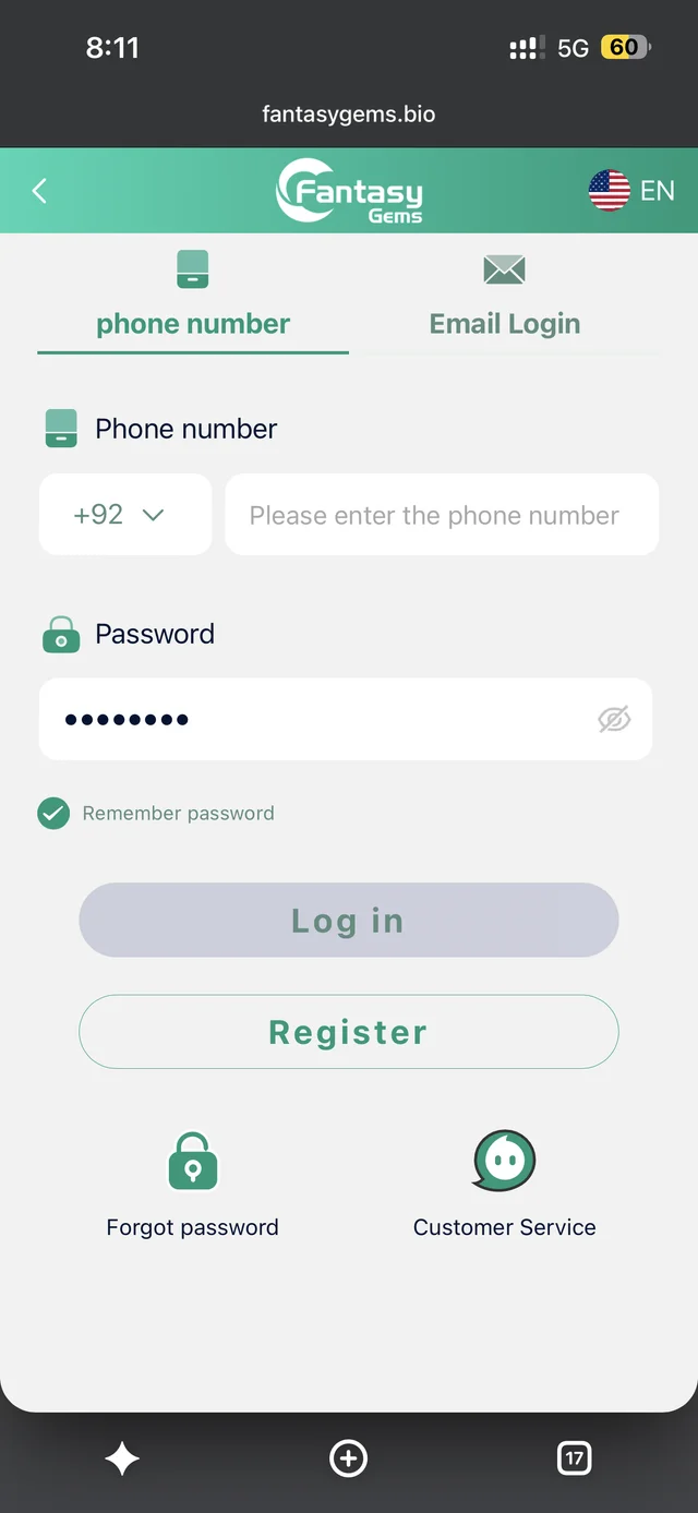 Fantasy Gems login screen on mobile