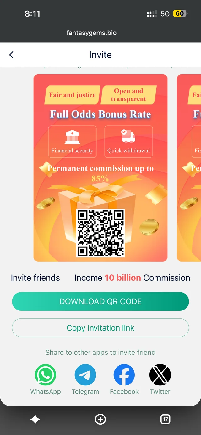 Fantasy Gems refer and earn invite screen with QR code