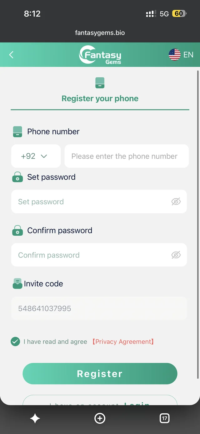 Fantasy Gems register screen on mobile