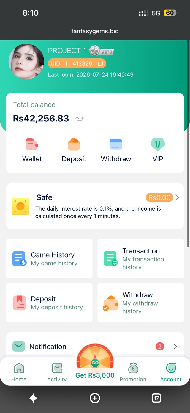 Fantasy Gems wallet screen showing balance, deposit and withdraw options