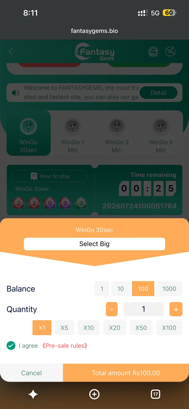 Fantasy Gems Win Go colour prediction game screen